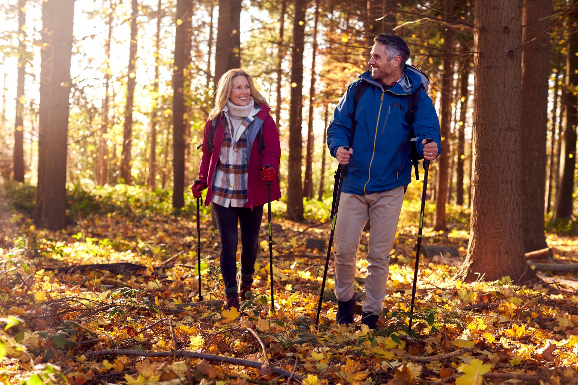Paar läuft durch den Wald im Herbst